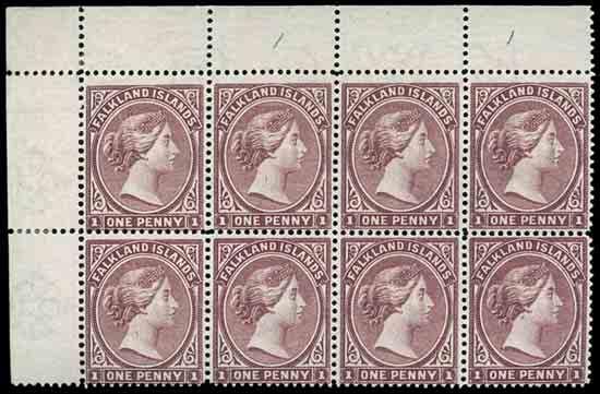 280-300 347 + 1d. pale claret, wmk. Crown to left of CA, a fresh mint block of four. S.G. 7, cat. 360+, SH 6b. Photo. 120-150 348 Selection comprising 1885 1d. pale claret, wmk. Crown to left of CA (2, one colour affected and apparently showing re-entry), wmk.