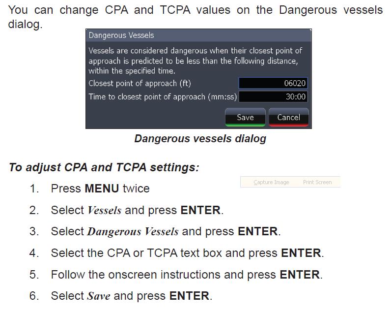 MARPA for BR24 and HD Digital CPA and TCPA Feature Settings MARPA uses default or selected CPA (Closest Point of Approach) or TCPA (Time to Closest Point of Approach) to determine if a vessel is
