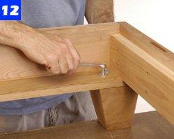 Fasten the feet by driving lagscrews through the foot rails. Bore pilot holes to avoid splitting the feet. Spread glue in the chair back-rail mortises and on the slat tenons.