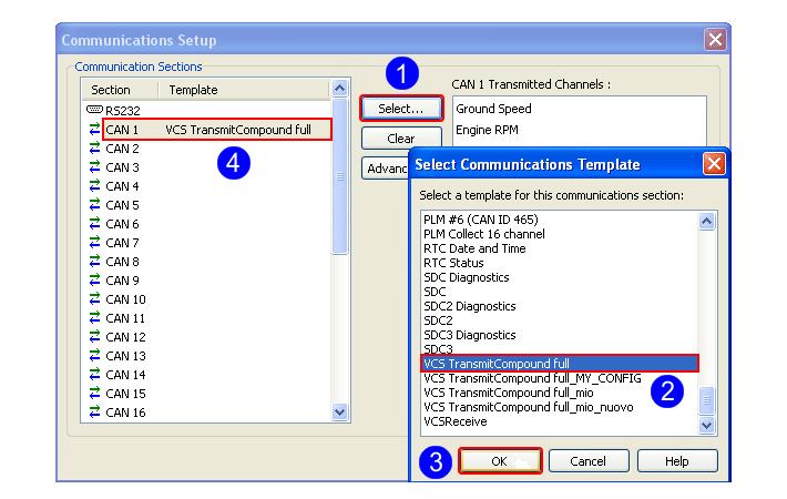 Then: Select a free CAN (for example CAN 1) and push Select (1); in Select Communications Template select VCS TransmitCompound full (2)