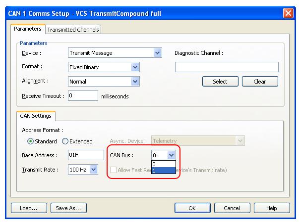 1 Check default VCS Transmit Compound Full Check the list of transmitted ECU channels (RPM, throttle, etc.