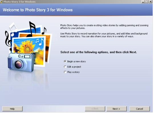 PhotoStory 3 Tutorial http://www.microsoft.com/windowsxp/using/digitalphotography/photostory/default.mspx Photostory is one of Microsoft's best kept secrets.
