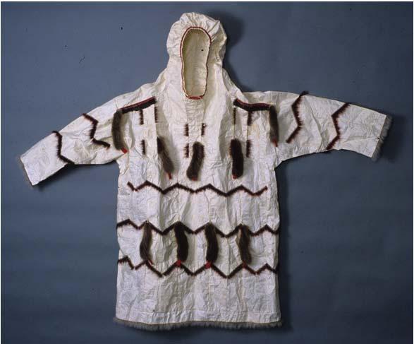 The parka shown in figure 13, made in 1990, and on display at the Anchorage airport, has even more variations on the use of