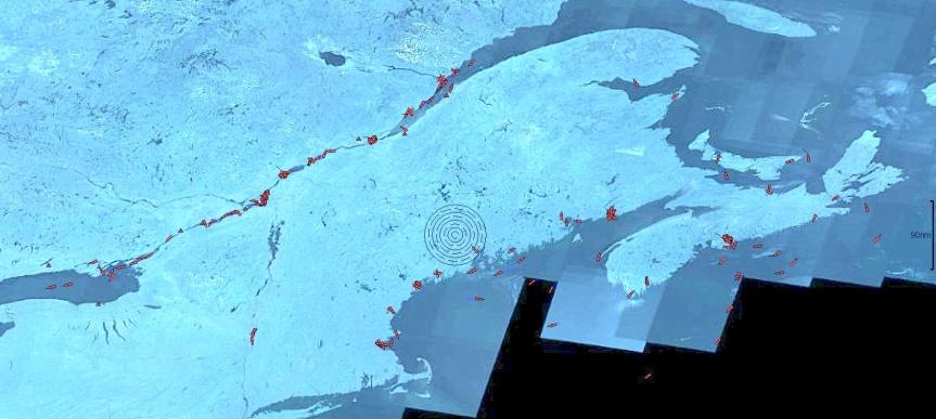 Flight from Ottawa to Halifax The red dots are ships detected (220) Field of view: 600 km diameter from FL280, Data taken Dec 4, after major snow-storm COM