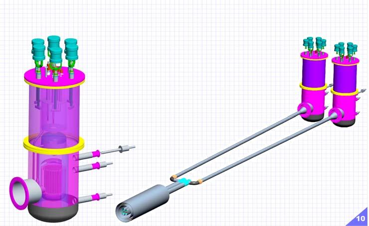 Close up of cryogenic feed assembly CAD Model: Full 3D view of model and expanded detail of cryogenic assembly.