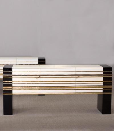 Herve Van der Straeten Buffet Bicolore 483 Edition of 20-2014 Black lacquered wood, natural parchment and golden-brown patinated