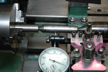Photo. 7 Setting Up to Turn The Morse Taper Fig. 1 Photo. 8 Disconnect The Cross Slide Feed Screw your preference, just over 4.700 long. This will make 2 collets face to face as shown in fig.
