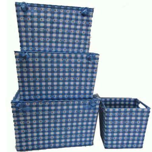 Blue check design with stars Tapered sides Lid fastens to large, medium & small hampers Carrying handles on waste paper bin Ideal storage for any room