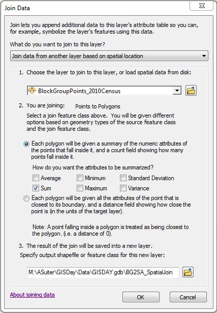 Spatial Join Example Set up Join Parameters Summarize numeric attributes of join feature to target feature based on spatial location OR Assign
