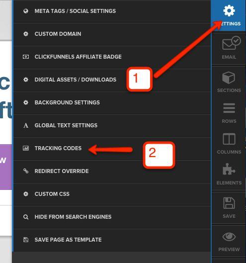 Open up the relevant page in the Editor. Click on Settings and then the Tracking Codes Link. A box will open up.