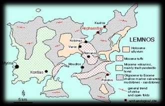 Simplified geological map of Lemnos shows the site of Hephaestias. Altered volcanic rocks near Kotsinas are the most likely source of the medicinal earth.