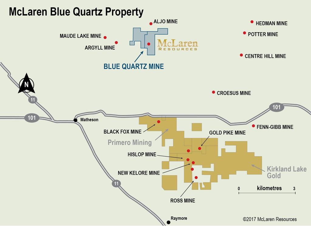 Blue Quartz Property Located in the Timmins Mining District East of the city of Timmins Neighbouring