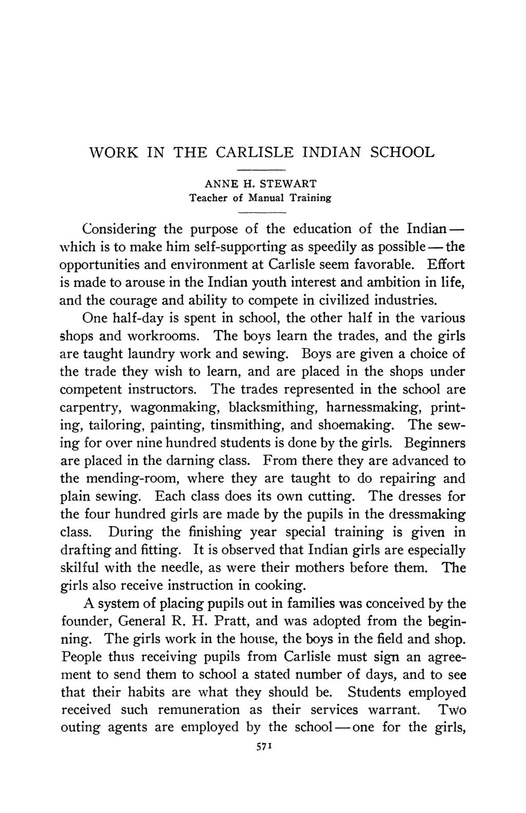 WORK IN THE CARLISLE INDIAN SCHOOL ANNE H.