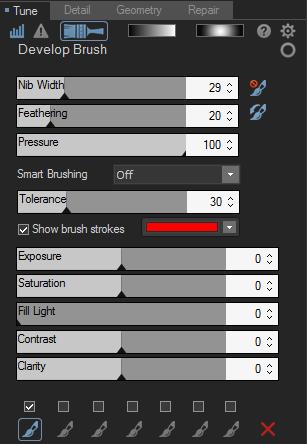 Hovering over a brush button will reveal that specific brush's strokes on the image. The brush strokes will appear in the color selected in the drop-down next to the Show brush strokes checkbox.