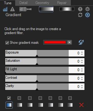 2. Specify the gradient settings in the panel as described in the table below. 3. Position the guides on your photo. Inside the guide boxes, the gradient is transitioning.