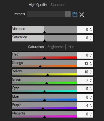 Select High Quality mode or Standard mode from the top of the Color EQ pane. To adjust colors individually, left-click a color on the image and drag up or down to alter.