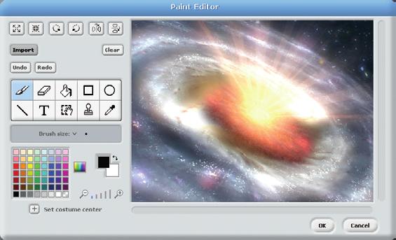 Next, we ll edit the Stage so it looks like outer space. We ll use artwork of a black hole from NASA!
