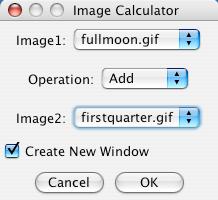 8. Image Calculator [n/a] : Performs arithmetic functions between two images. Select this command and a new window labeled Image Calculator is displayed.
