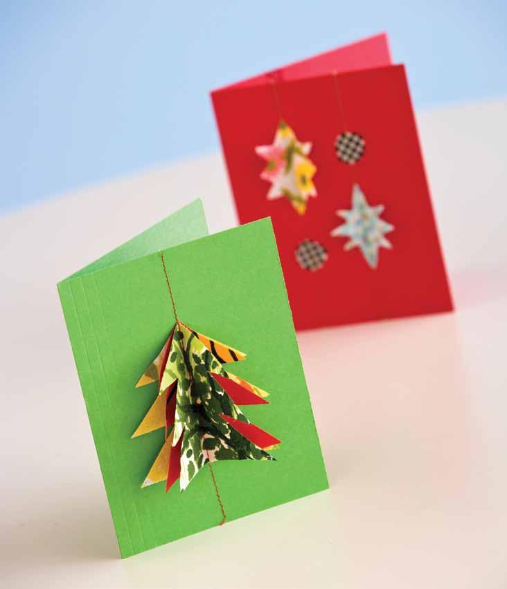 Holiday Cards Send out your well wishes with fabric, needlework and trim added to card stock.