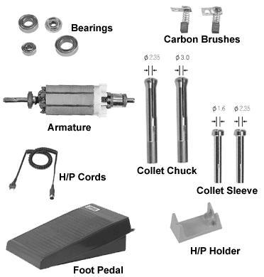 Major Parts for Electric Micromotors and Handpiece: Armatures Bearings Carbon Brushes (Pair) Chucks Electric Cords Foot Pedals All