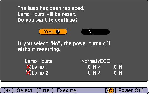 Resetting the Lamp Hours The projector records lamp life and a message and indicator notify you when it is time to replace the lamp.
