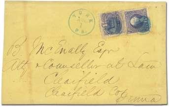 $20 6070 Geo met ric on 1869, 3 ul tra ma rine, cancelled in green, the rar est of the col ored can cels; small faults,