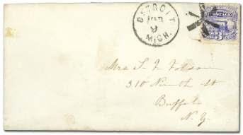 ..................... $150 6073 De troit MI, Six Spoked Geo met ric on 1869, 3 ul - tra ma rine, on cover ad dressed to Buf falo NY, VF.