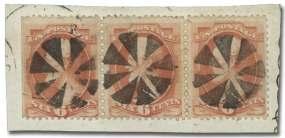 U.S. Fancy Cancels: Geometric 6115 Fancy Scarab on 1873, 1 ul tra ma rine (Cole GE-216), F-VF. Scott 156.