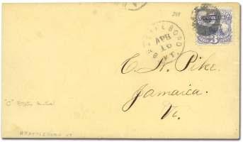........................... $180 6170 Brattleboro VT, Neg a tive "C", 3 tied by fancy can cel with Brattleboro VT cds, on cover ad dressed to Ja - maica VT, re duced at left, VF. Scott 114.