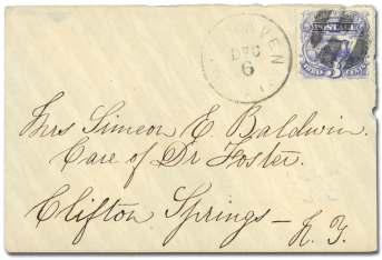 Scott 156.. $30 6190 Norwalk CT, " N", 3 postal en tire cancelled by fancy can cel with Norwalk CT cds, ad dressed to Kingsboro NY, tear at left, miss ing backflap, F-VF. Scott U58.