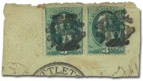 T (184), on 1879, 3 green, with "Saint Paul Minn/Aug/22" cds on cor ner ad cover for Met - ro pol i tan Ho tel ad dressed to Fort Ripley MN; flaw bot