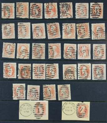 U.S. Fancy Cancels: Numerals 6287 Nu mer als in El lip ses, thirty four stamps, some small