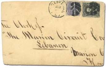 grill and 1869, 3 ul tra ma rine, on cover ad dressed to Leb - a non KY; re duced at right and left, split along three sides, Fine; with 1983 PF cer tif i cate. Scott 98, 114.
