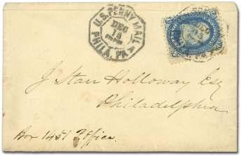 Penny Mail on 1861, 1 blue, tied by oc ta gon handstamp from sub Post Of fice A on lo cal cover, F-VF.