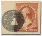 $120 6035 Bucksport Maine Paid on 1852, 3 dull red, type II (11A), ex cel lent par tial strike of blue boxed can cel, am ple to large mar gins ex cept just touch ing at TL and BR cor ners, VF.