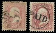 U.S. Fancy Cancels: Postal Markings 6431 PAID on 1863, 2 black, bold can cel, per fectly struck, F-VF. Scott 73. Skin ner-eno PM-PD 13. Scott $65.