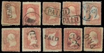 grill, hor i zon tal pair, Paid can cel on each stamp, out stand ing pair; right stamp with tiny perf tear at up per right, oth er wise F-VF.