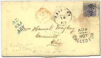 ...... $35 6437 Dedham Paid in fancy shield on 1869, 3 ul tra - ma rine (114), on cover ad dressed to Hanover NH, F-VF. Skin ner-eno PM-PE 4.