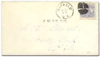 Of fice handstamp, and blue Adv/Feb/20 handstamps; ton ing at right, F-VF. Scott 114................... $100 6443 Bre men Franco on 1870, 6 car mine, red boxed handstamp, F-VF.