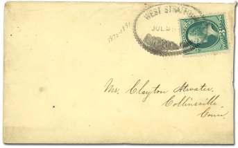 ............ $30 6452 PAID on 1879, 2 ver mil ion, late us age of straight line can cel, F-VF. Scott 183........... $20 6448 New York Sta tion D Reg is tered on 1873, 6 dull pink, F-VF. Scott 159.