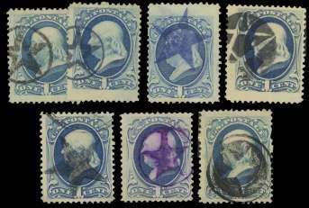 U.S. Fancy Cancels: Stars 6491 Glen Allen Pre Can cel, F-VF. Scott 156..... $90 6496 Var i ous Star Can cels, seven stamps, in cludes one blue and one pur ple, F-VF. Scott 182.