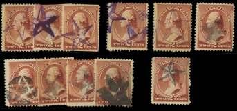 U.S. Fancy Cancels: Stars 6523 Star and Cres cent, cor ner crease, bold strike, VF-XF. Scott 210.