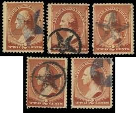 ... $45 6521 Pur ple Solid Star in Cir cle on Strip of Three, three well cen tered stamps with strong can cels, VF. Scott 184.