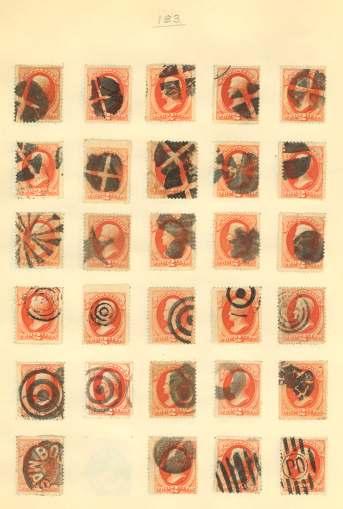 stamps, mostly neg a tive let ters and el lipse can cels, some geometrics, F-VF. Scott 183.