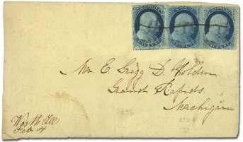 , red New-York 10cts. 24 Nov cds and match ing Paid arc handstamp; top edge re pair, light ver ti cal file fold barely af - fects left stamp, Fine. Scott $2,000+.