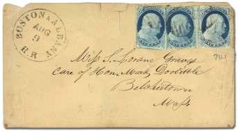 rated 1857 1c type V on cover front only to Grand Rap ids, Mich i gan, manu script penstroke ties stamps to gether, im per fo rate 1c type II with par tic u larly deep