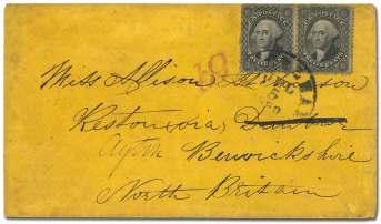 dou ble line cir - cle, ad dressed to Mon treal, Mon treal re ceiver on re verse, rediced at right, F-VF. Scott $275.