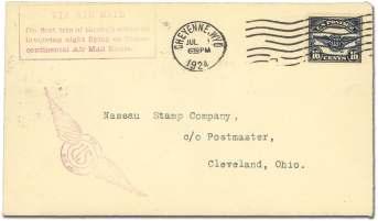 . $35 6707 Air mail, 1927, 10 Lindbergh (C10), Cacheted FDC post marked in Lit tle Falls, Minn June 18, 1927