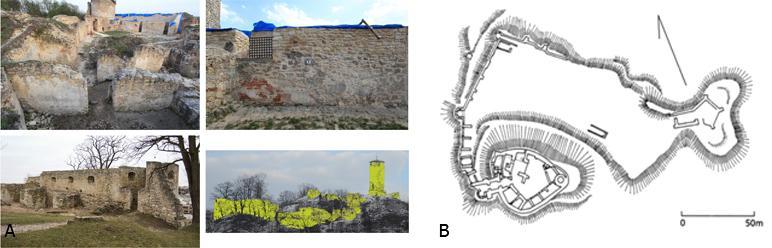 Fig. 1 A sketch of the ruins of the castle in Iłża (source: A) Own source, B) Regional Museum in Iłża) orthoimages acquisition of the cultural heritage objects and automation of "arbitrary