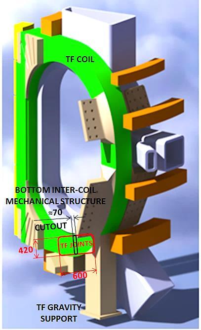 Location of TF inter-layer joints, required space to allocate the arrangement of joints and cutout in the TF coil case for coming out cooling pipes and coil terminations.